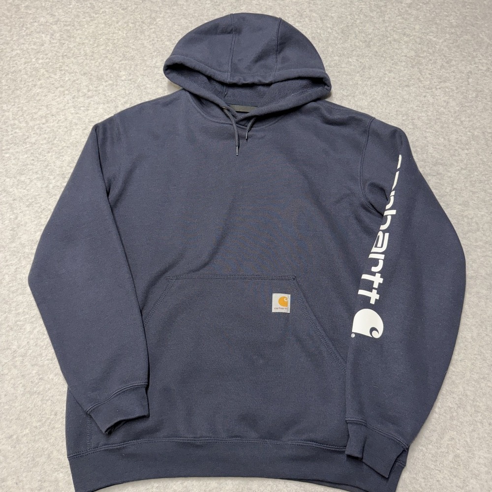 Carhartt Hoodie Mens Medium Blue Loose Fit Fleece Pullover Sleeve Logo K288